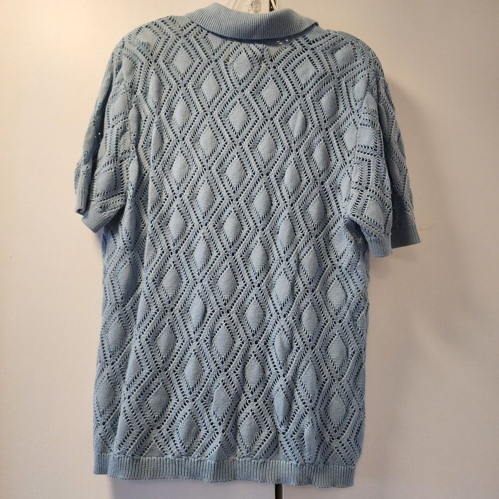 Original Use Mens Blue Crochet Open-Knit Button-Front Collared Cotton Cardigan S - Picture 2 of 7